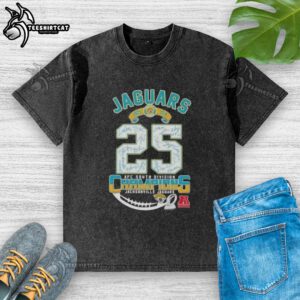 Alt Text: 2025 AFC South Division Champions Jacksonville Jaguars All Signatures Washed T-Shirt featuring team logos and player signatures.