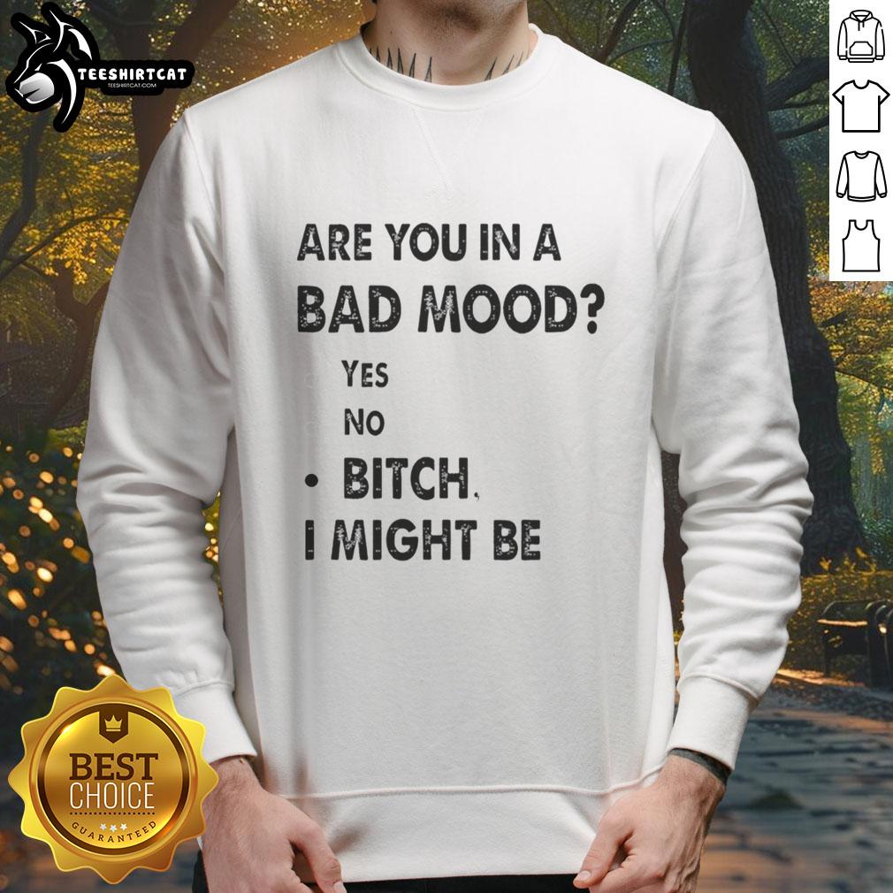 Casual sweatshirt featuring the phrase 'Are You In A Bad Mood? Bitch, I Might Be' in bold lettering, perfect for relaxed wear.