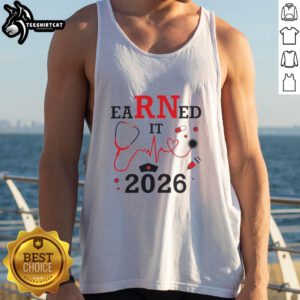 Top Earned It RN Registered Nurse 2026 tank top design featuring bold text and vibrant colors for nursing professionals.