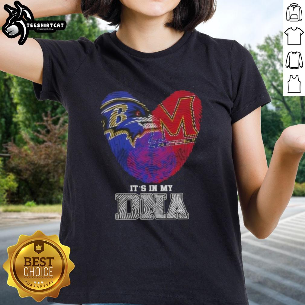 Top Fingerprints Baltimore Ravens x Maryland Terrapins It's In My DNA ladies tee featuring team logos and vibrant design.
