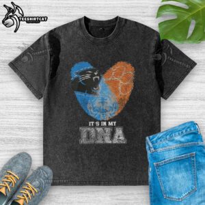 Alt Text: Carolina Panthers x Clemson Tigers 'It's In My DNA' washed t-shirt showcasing vibrant team colors and unique fingerprint design.
