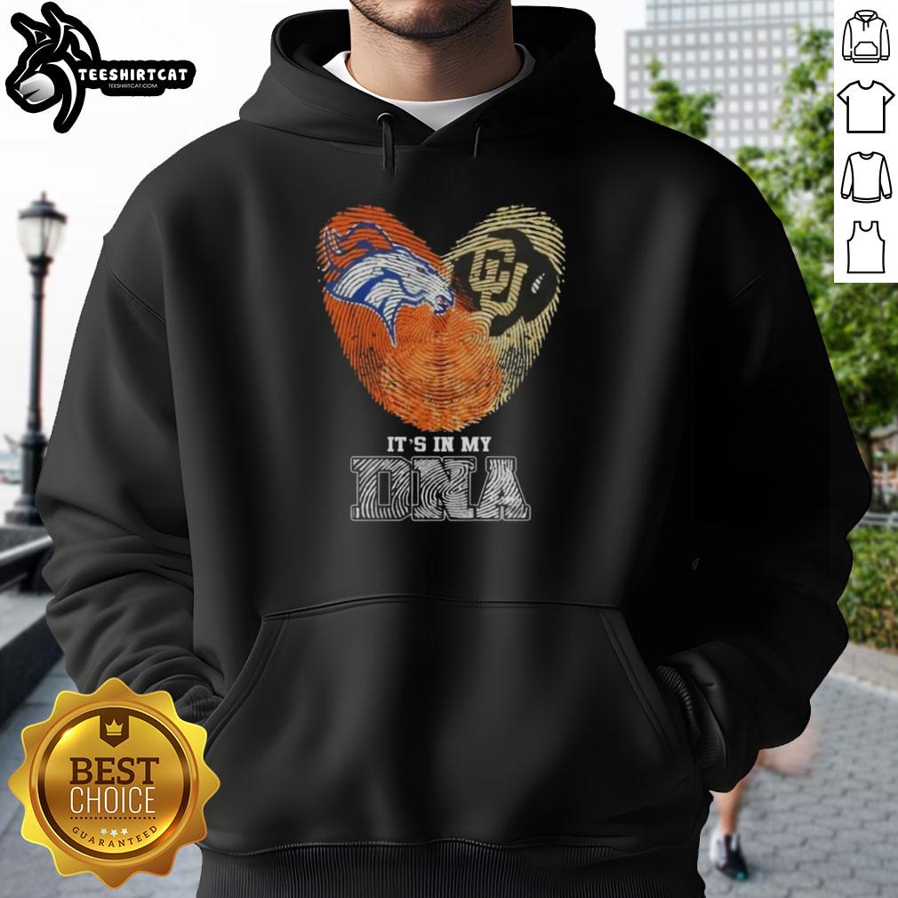 Alt Text: Denver Broncos & Colorado Buffaloes hoodie featuring 'It's In My DNA' design with top fingerprints for fans.