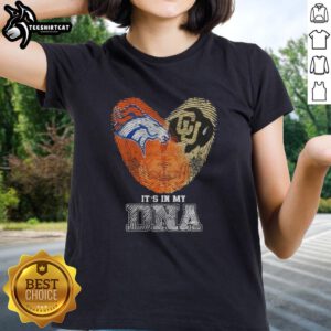 Denver Broncos and Colorado Buffaloes women's tee featuring 'It's In My DNA' graphic with top fingerprints design.