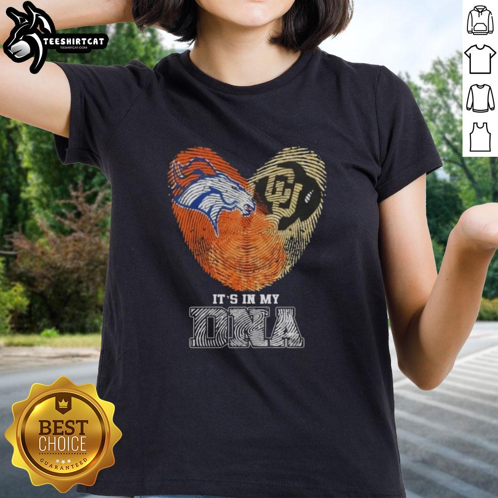 Denver Broncos and Colorado Buffaloes women's tee featuring 'It's In My DNA' graphic with top fingerprints design.