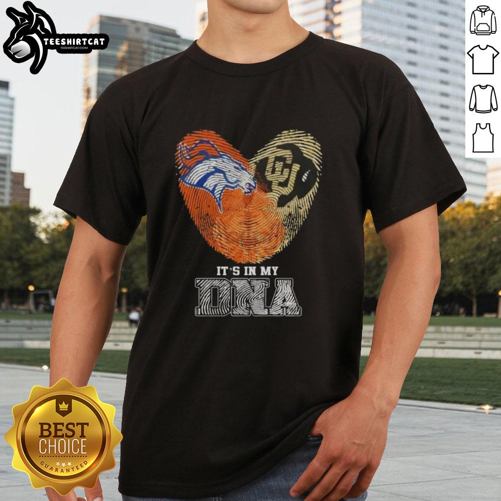 Top Fingerprints Denver Broncos X Colorado Buffaloes T-Shirt showcasing 'It's In My DNA' design for fans and supporters.
