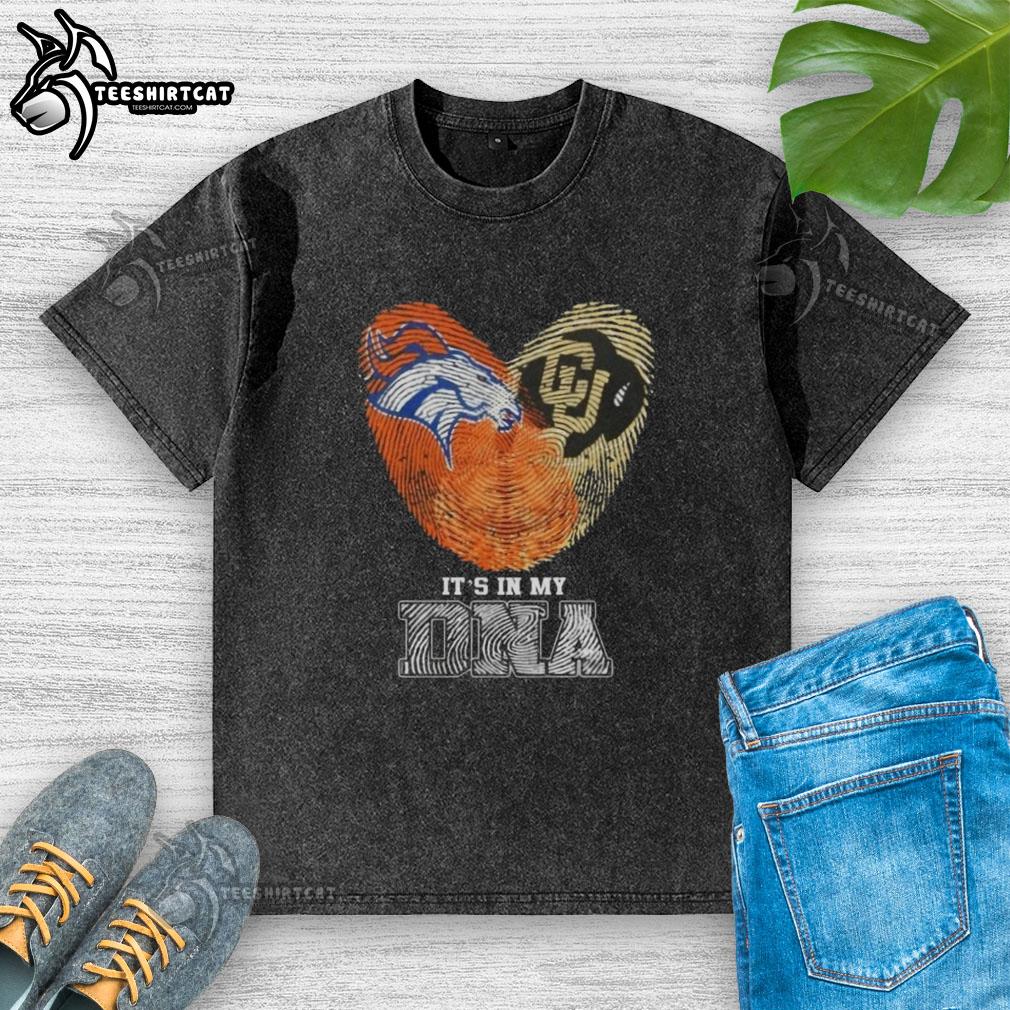 Stylish 'Its In My DNA' washed t-shirt featuring top fingerprints, perfect for Denver Broncos and Colorado Buffaloes fans.