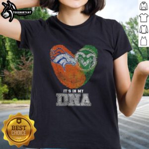 Denver Broncos and Colorado State Rams women's tee featuring 'It's In My DNA' with stylish fingerprints design.