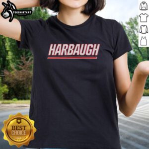 Alt Text: Top Harbaugh hire for New York Giants Football ladies tee, featuring team colors and stylish design for fans.