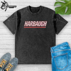 Top Harbaugh hire New York Giants football washed t-shirt featuring a vintage design and team colors.
