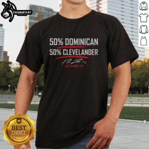 Alt Text: Good Jose Ramirez Cleveland Guardians t-shirt, featuring a unique design blending Dominican and Cleveland pride.