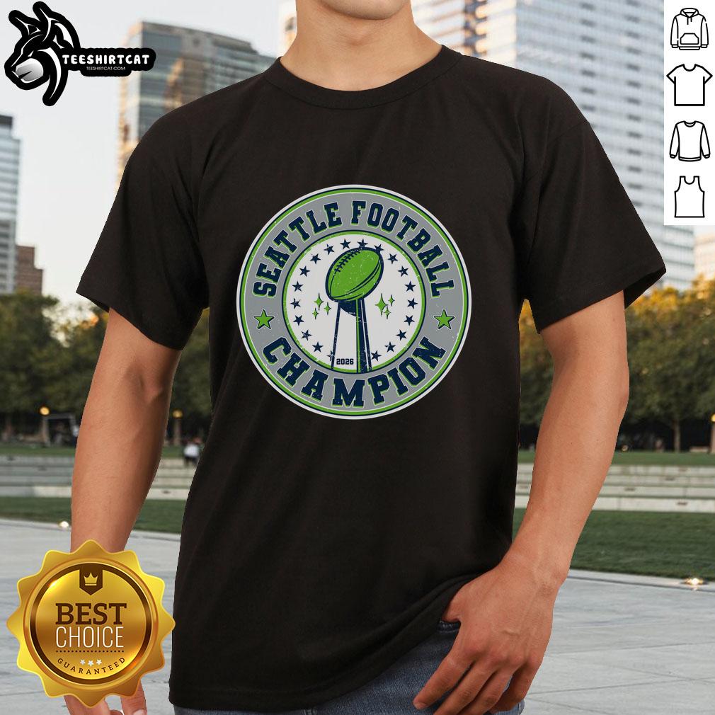 Good Seattle Football Champion 2026 Emblem T-Shirt featuring vibrant design and team colors for fans.