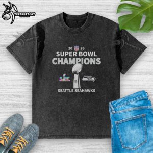 Hot Seattle Seahawks Super Bowl LX Champions 2026 NFL trophy center washed t-shirt, perfect for fans and collectors.