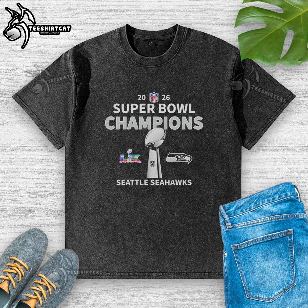 Hot Seattle Seahawks Super Bowl LX Champions 2026 NFL trophy center washed t-shirt, perfect for fans and collectors.
