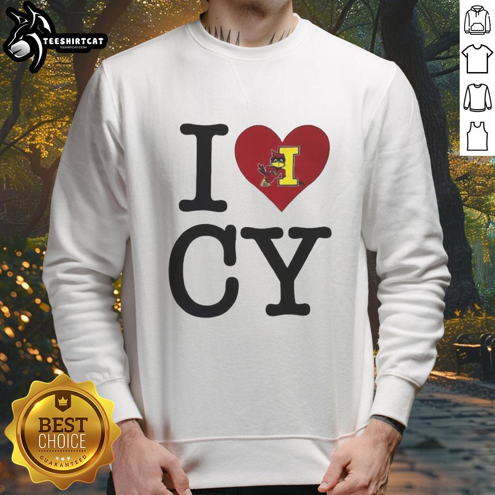 Alt Text: Iowa State Cyclones 'I Love Cy' sweatshirt in vibrant colors, perfect for fans supporting their team.