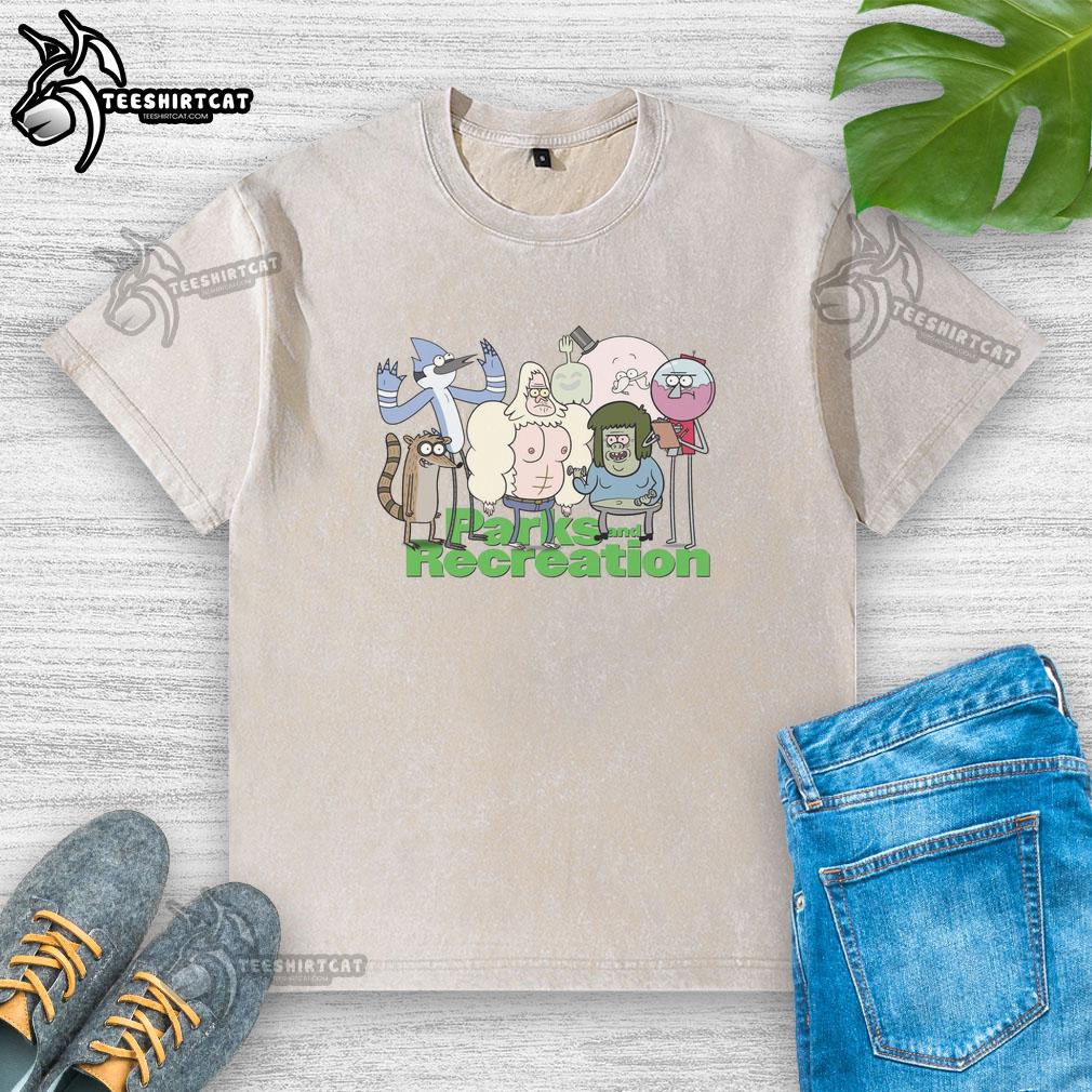 Nice Parks and Recreation Regular Show washed t-shirt featuring vibrant graphics and a comfortable fit for fans.