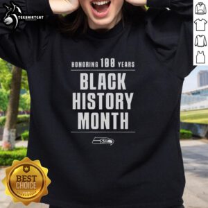 Seattle Seahawks sweatshirt celebrating 100 years of Black History Month with vibrant design and team logo.
