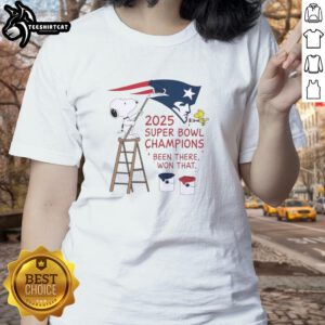 Snoopy and Woodstock celebrate New England Patriots 2025 Super Bowl Champions on a ladies tee design.
