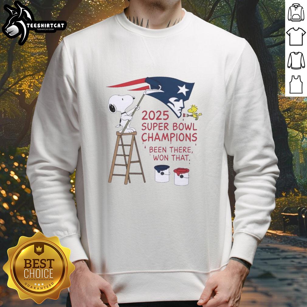 Alt Text: Snoopy and Woodstock drawing on a sweatshirt celebrating New England Patriots 2025 Super Bowl Champions.