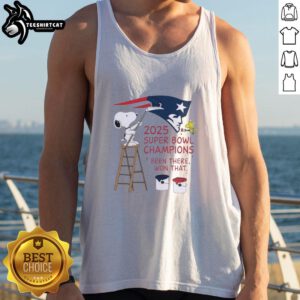 Alt Text: Snoopy and Woodstock drawing in a New England Patriots tank top celebrating 2025 Super Bowl Champions.