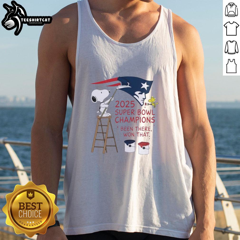Alt Text: Snoopy and Woodstock drawing in a New England Patriots tank top celebrating 2025 Super Bowl Champions.
