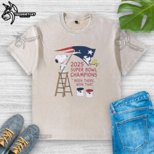 Snoopy and Woodstock celebrate New England Patriots 2025 Super Bowl Champions on a stylish washed t-shirt design.