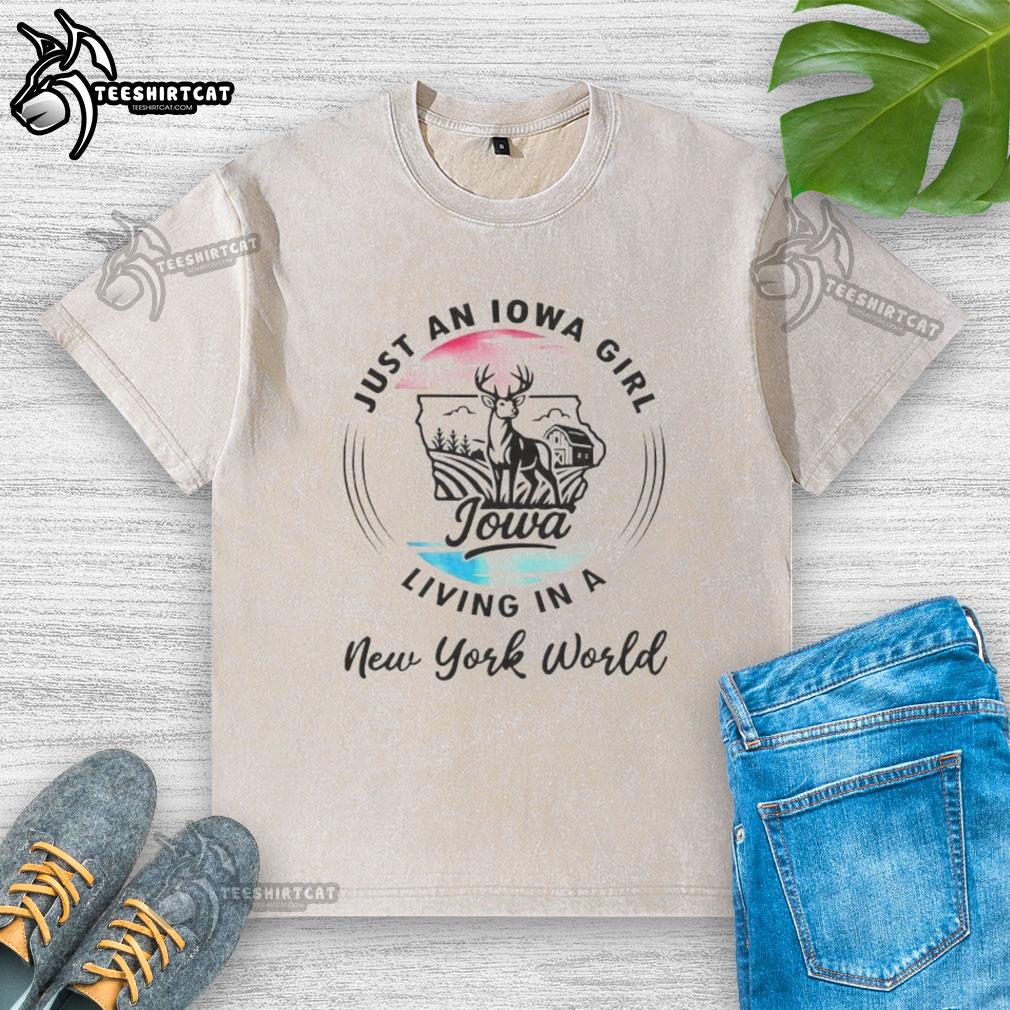 Official Just An Iowa Girl Living In A New York World washed t-shirt showcasing a trendy casual style.