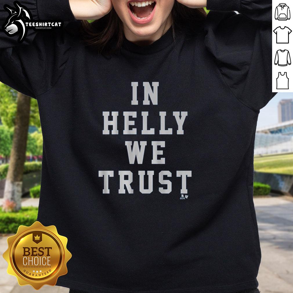 Original Connor Hellebuyck 'In Helly We Trust' sweatshirt featuring bold graphics and a comfortable fit for fans.