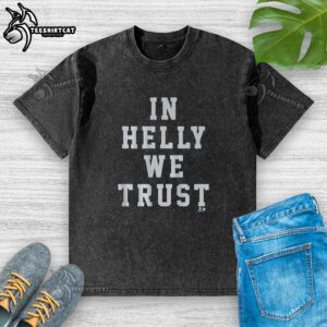 Alt Text: Original Connor Hellebuyck 'In Helly We Trust' washed t-shirt featuring bold graphics and a comfortable fit.
