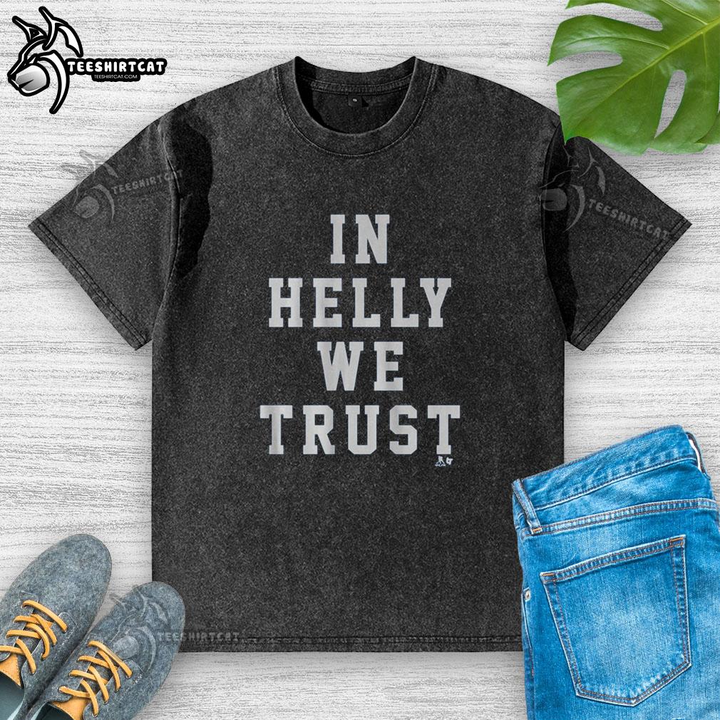 Alt Text: Original Connor Hellebuyck 'In Helly We Trust' washed t-shirt featuring bold graphics and a comfortable fit.