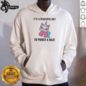 Colorful Unikitty hoodie featuring 'It's A Beautiful Day To Punch A Nazi' design, perfect for expressing bold statements.