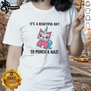 Alt Text: Original It's A Beautiful Day To Punch A Nazi Princess Unikitty Ladies Tee featuring vibrant graphics and playful design.