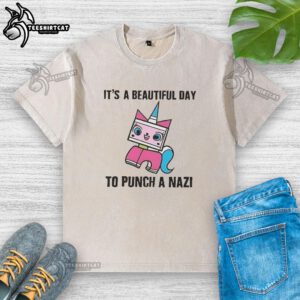 Original 'It's A Beautiful Day To Punch A Nazi' Unikitty washed t-shirt featuring vibrant colors and playful design.
