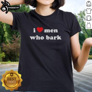 Alt Text: Original Marci wearing an I Heart Men Who Bark ladies tee, showcasing a fun and playful dog lover's style.