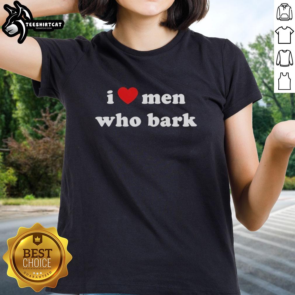 Alt Text: Original Marci wearing an I Heart Men Who Bark ladies tee, showcasing a fun and playful dog lover's style.