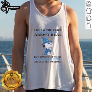 Original Peanuts Snoopy tank top featuring the quote about the voice in my head and awesome ideas, perfect for fans.