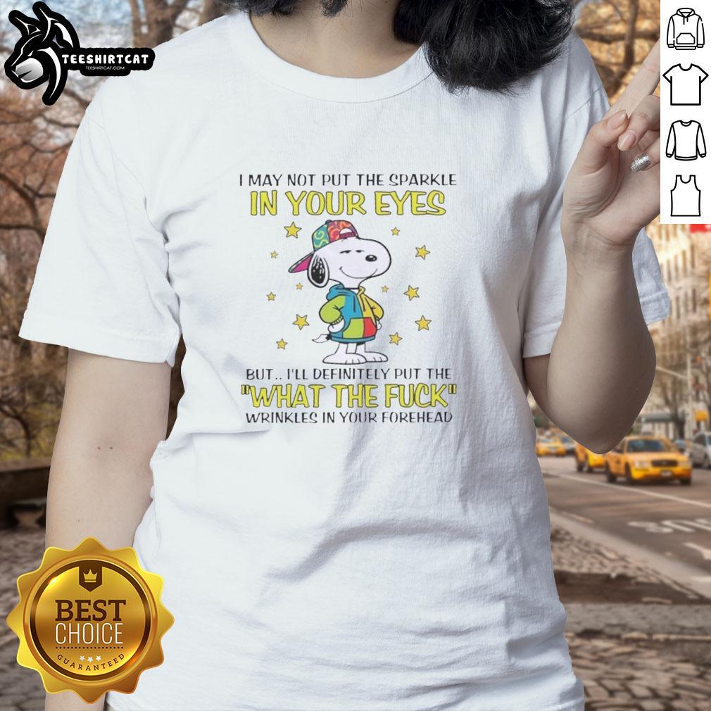 Alt Text: Original Peanuts Snoopy ladies tee featuring the quote about wrinkles and sparkle in the eyes, perfect for fans.