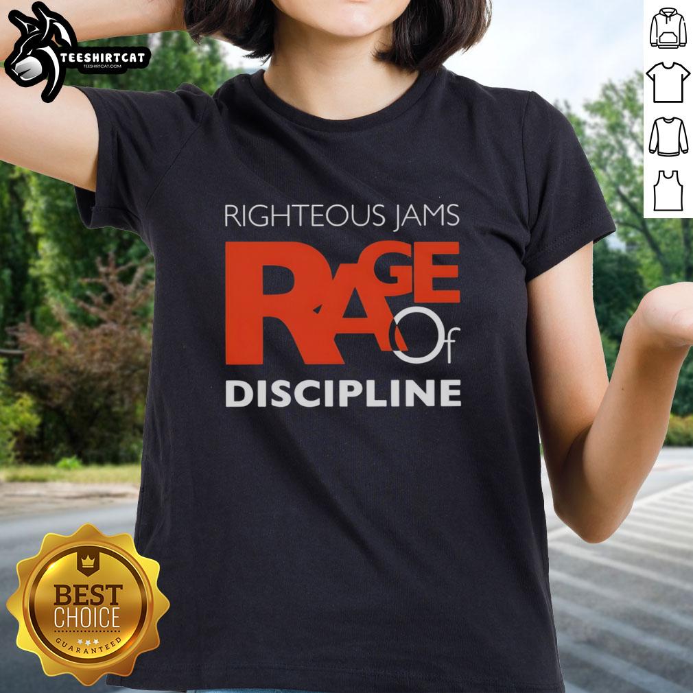 Original Righteous Jams Rage of Discipline Ladies Tee featuring bold graphic design and vibrant colors for stylish wear.