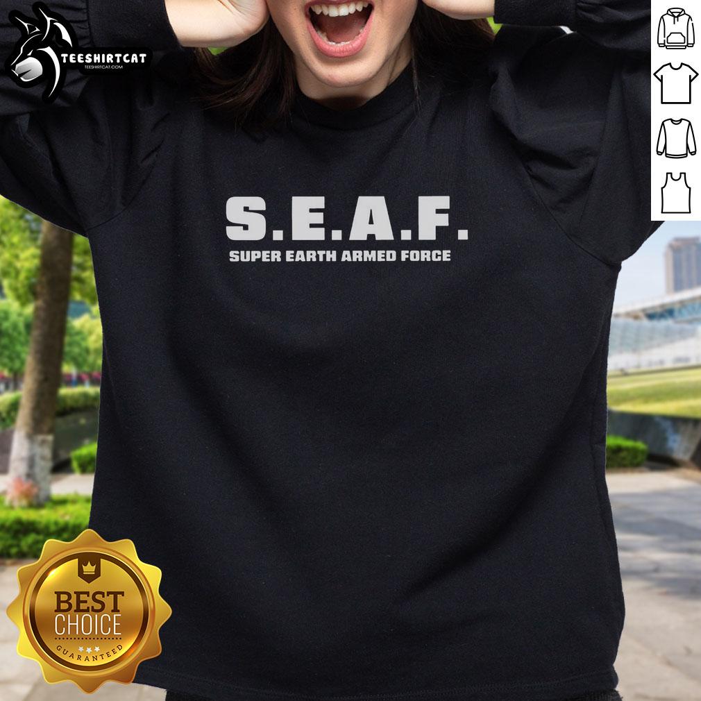 Alt Text: Original Sea Super Earth Armed Forces logo sweatshirt showcasing military-inspired design and comfortable fit.