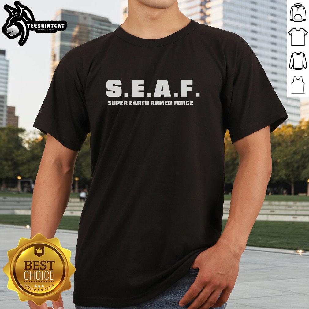 Original Seaf Super Earth Armed Forces Logo T-Shirt featuring a bold military design for fans of military apparel.