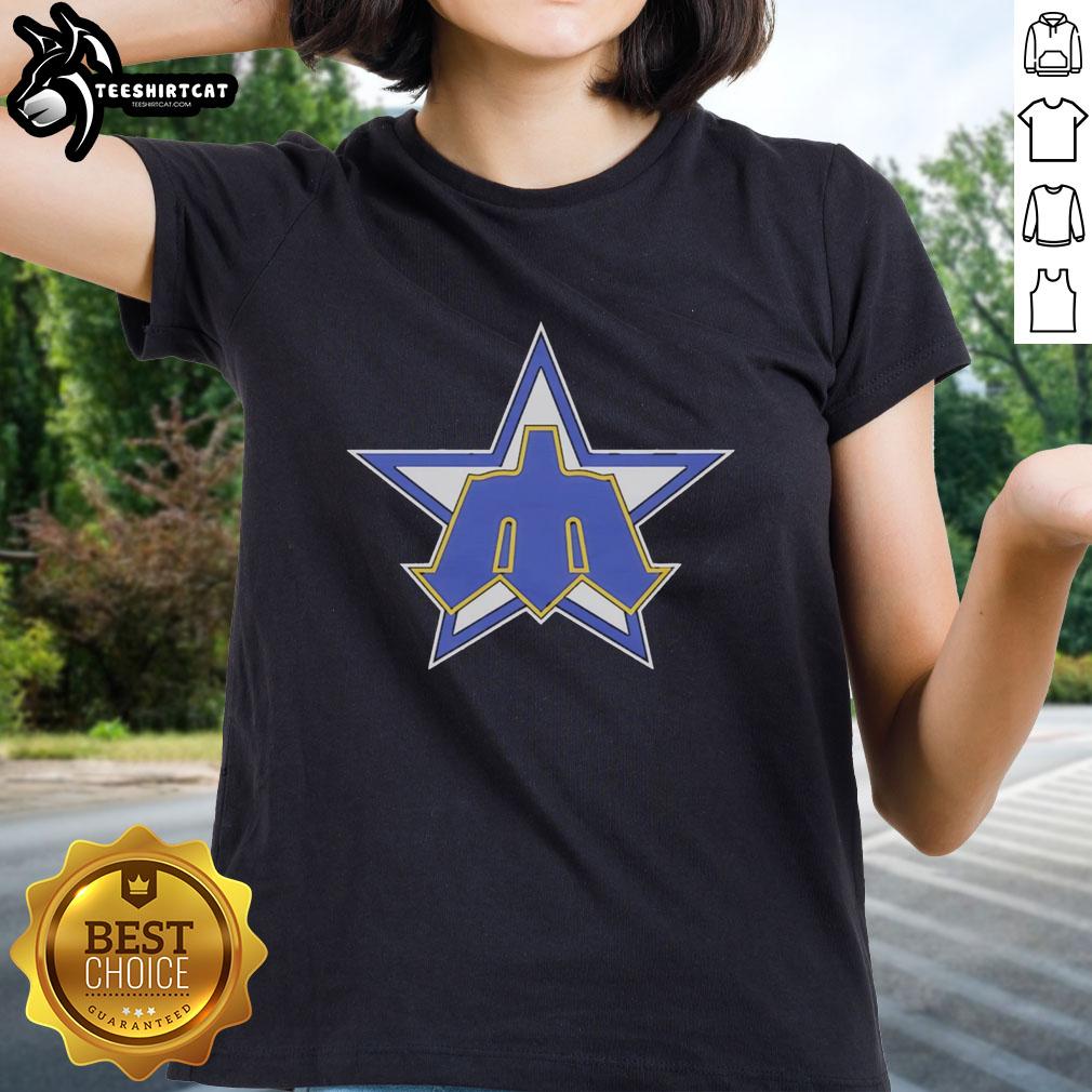 Alt Text: Original Topps Seattle Mariners star trident logo graphic on a cotton ladies tee, perfect for baseball fans.