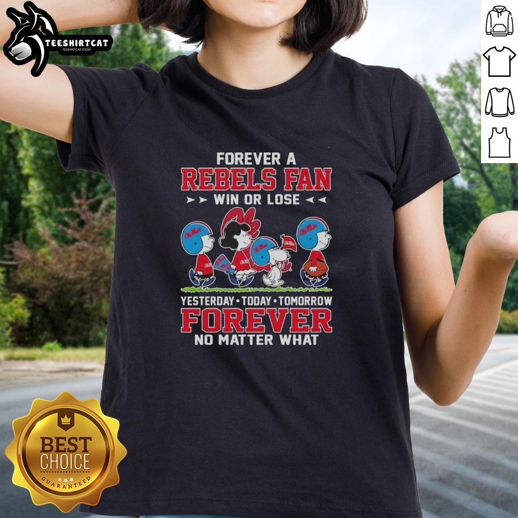 Peanuts Snoopy and friends ladies tee for Ole Miss Rebels fans, celebrating loyalty win or lose.