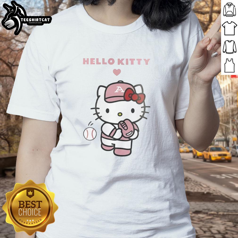 Alt Text: Premium Akron Basketball x Hello Kitty Baseball ladies tee featuring a stylish design for sports and casual wear.