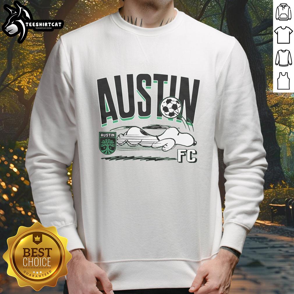 Premium Peanuts Snoopy x Austin FC sweatshirt featuring vibrant graphics and cozy design for fans of both brands.