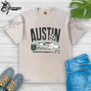 Alt Text: Premium Peanuts Snoopy x Austin FC washed t-shirt featuring a vibrant Snoopy graphic and a stylish, relaxed fit.