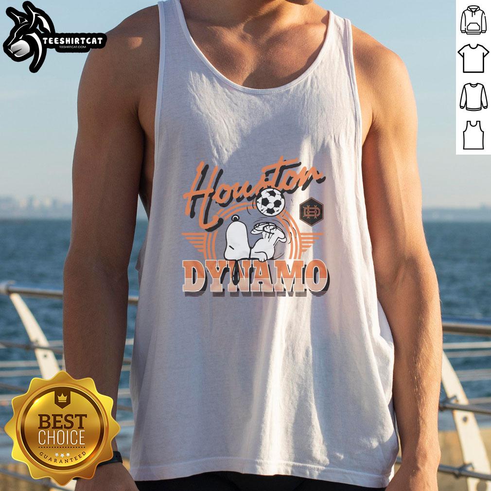 Premium Peanuts Snoopy x Houston Dynamo FC tank top featuring vibrant graphics and a comfortable fit for fans.