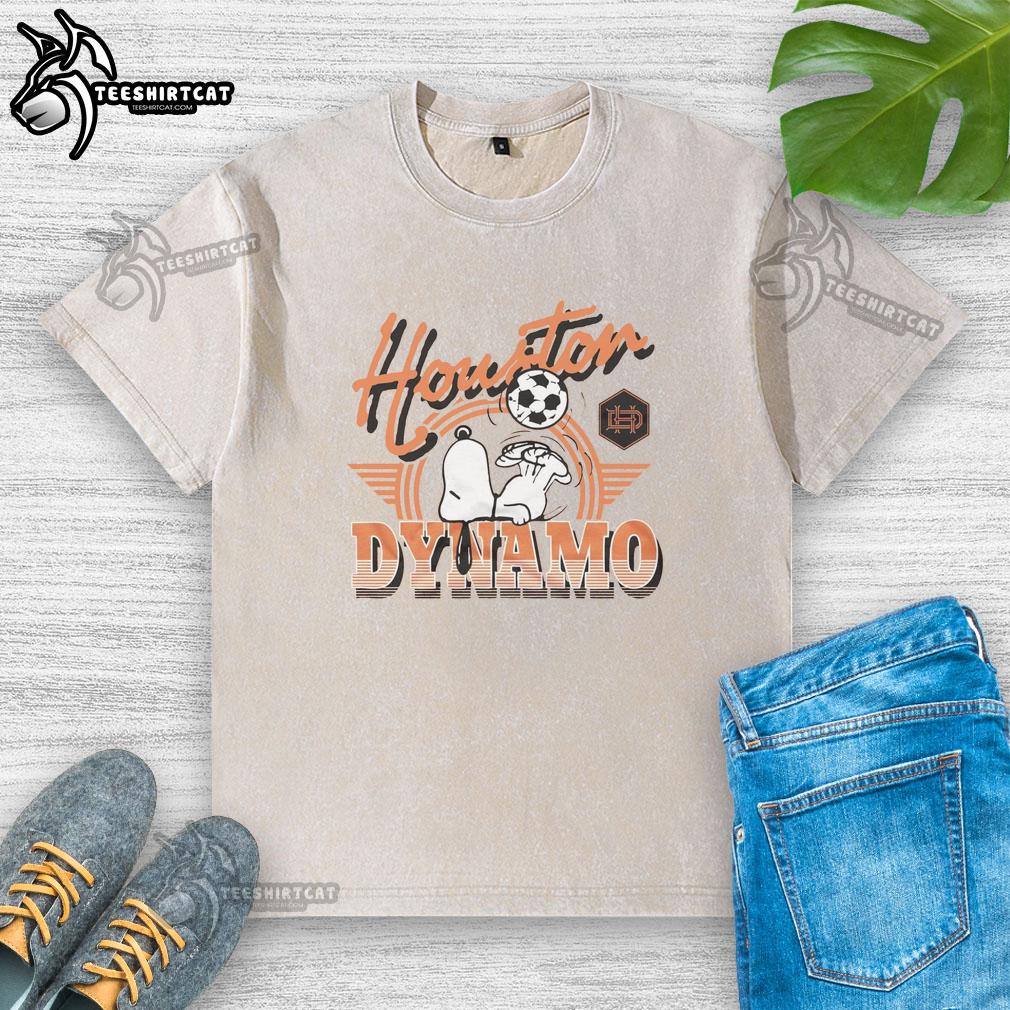 Premium Peanuts Snoopy x Houston Dynamo FC washed t-shirt featuring a vibrant Snoopy graphic and team logo.