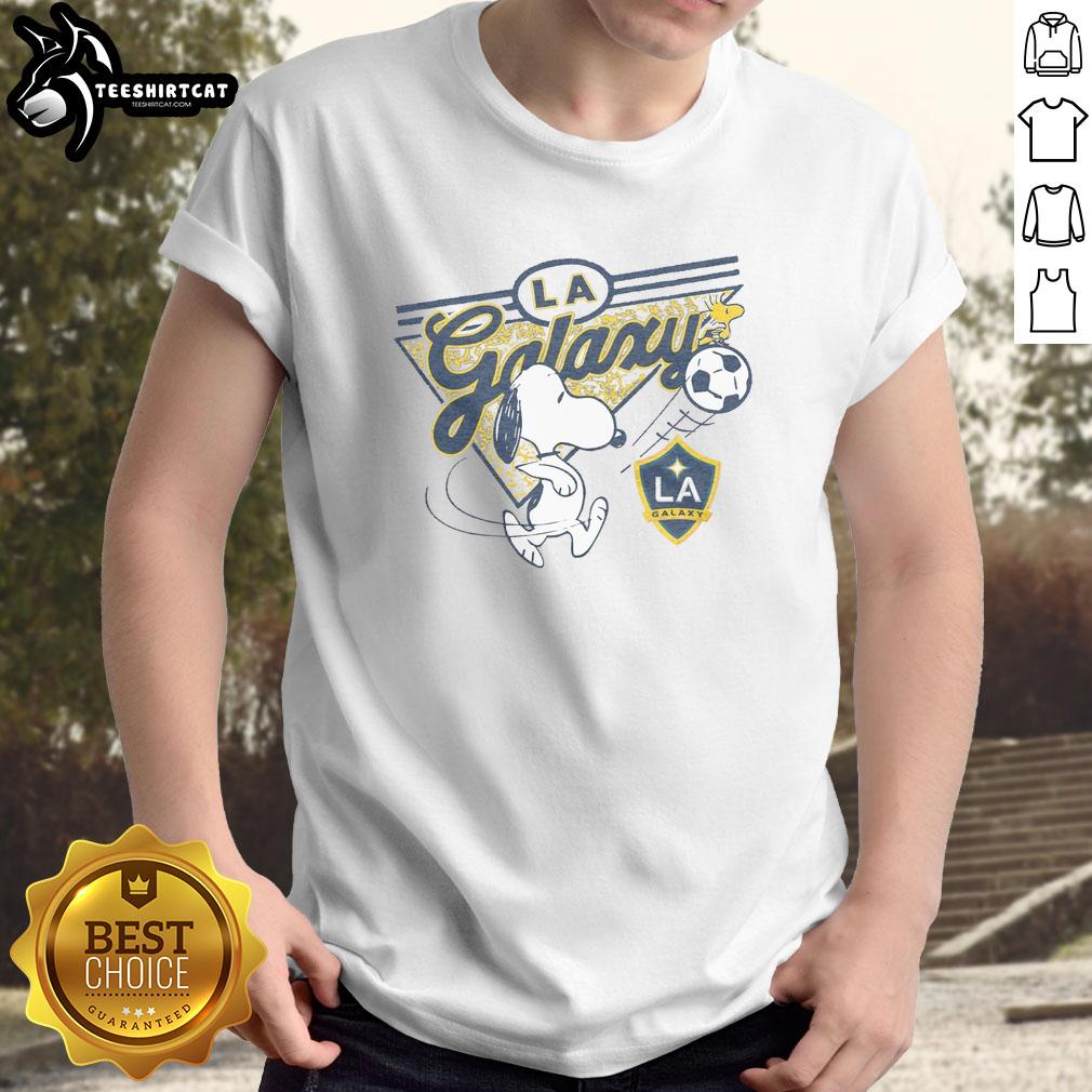 Alt Text: Premium Peanuts Snoopy X La Galaxy T-Shirt featuring a playful Snoopy design, perfect for fans and casual wear.
