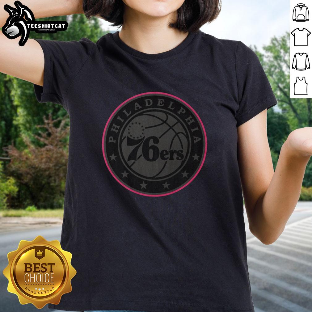 Alt Text: Premium Philadelphia 76ers Highlight Reel Ladies Tee featuring vibrant team graphics and a stylish fit for fans.