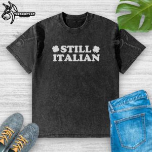 Alt Text: Premium Still Italian Clover St. Patrick's Day Washed T-Shirt featuring a festive green clover design for celebrations.
