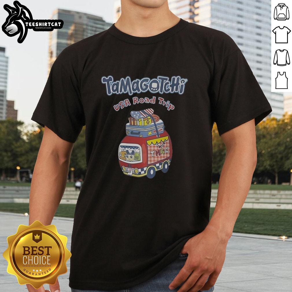 Premium Tamagotchi USA Road Trip T-Shirt featuring colorful graphics and a playful design for nostalgic fans.